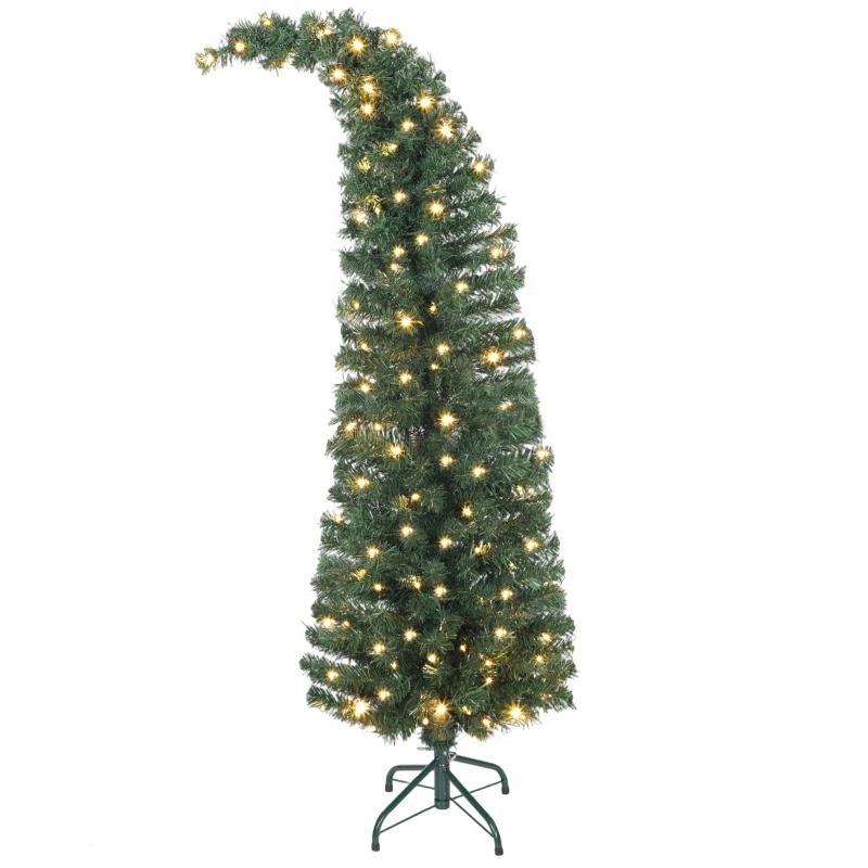 HOMCOM 5 ft Prelit Christmas Tree, Whimsical Xmas Tree Slim High Mountain Fir with 100 LEDs and Metal Stand, Green