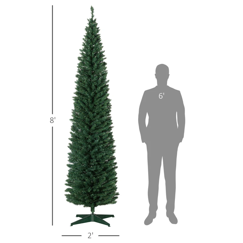 HOMCOM 8ft Pencil Christmas Tree, Slim Artificial Christmas Tree with Realistic Branches and Warm White LED Lights, Green