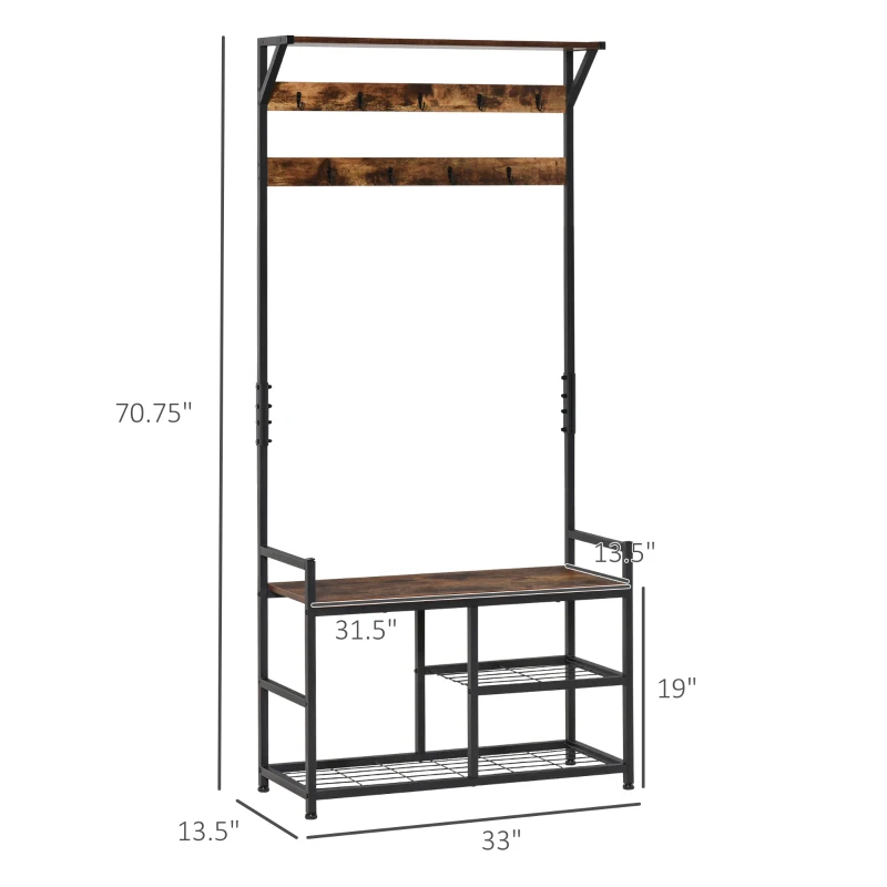 HOMCOM 3-in-1Hall Tree Entryway Coat Rack Shoe Bench with 9 Hanging Hooks, 3-Tier Storage Shelves, Multifunctional Hallway Organizer Brown/Black
