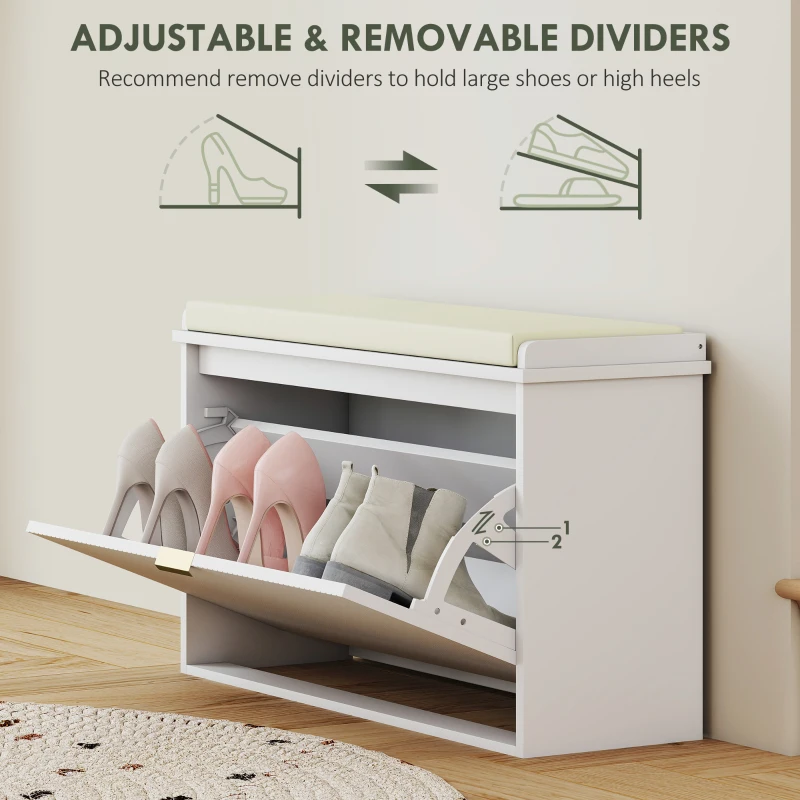 HOMCOM Shoe Storage Bench with Padded Seat Cushion and Flip-Drawer, Entryway Bench, Shoe Cabinet, 31.5x10.2x18.7 Inches, White