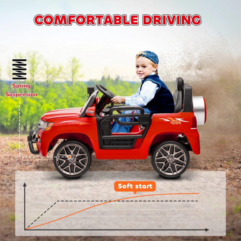 Qaba 12V Toyota LAND CRUISER Licensed Kids Car w/ Remote Control, Four Wheel Spring Suspension, Soft Start, LED Light, Red