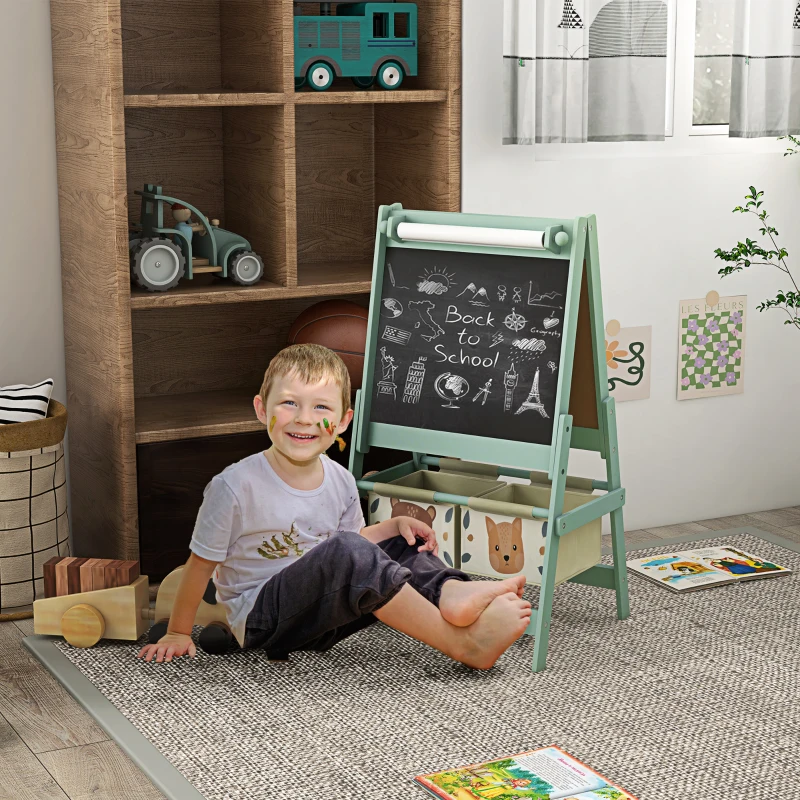 Qaba Art Easel for Kids with Paper Roll, Blackboard, Whiteboard, Storage