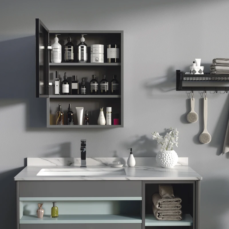 kleankin Bathroom Medicine Cabinet with Mirror Wall-Mounted with Single Door, Storage Shelves and Stainless Steel Frame for Laundry Room, Black