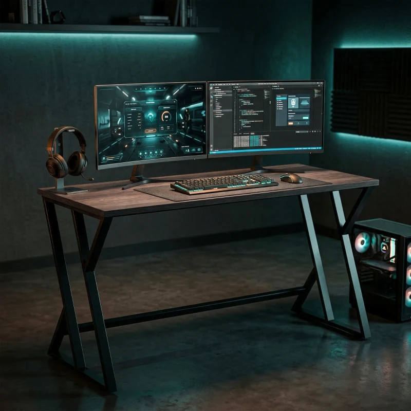 HOMCOM 55 Inch Computer Desk, Industrial Writing Desk with Z-Shaped Metal Leg, Study Table for Home Office, Distressed Gray