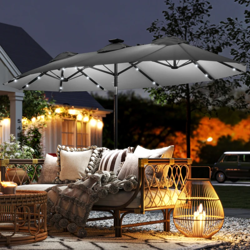 Outsunny Double-sided Patio Umbrella, 9.7' Outdoor Umbrella with Tilt and Crank, LED Solar Light and 12 Ribs, Gray