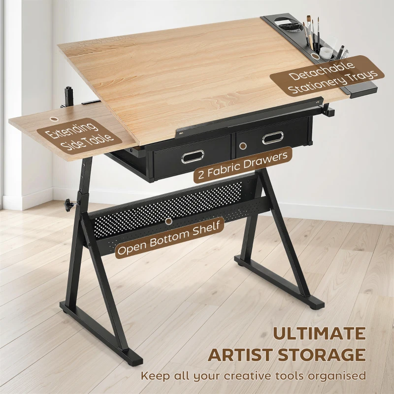 HOMCOM Adjustable Drafting Table, Art Desk Drawing Table Workstation with Stool and Storage Drawers for Painting, Oak