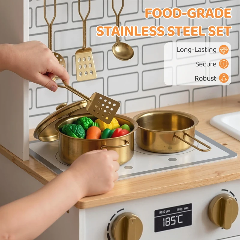Qaba Play Kitchen, Kids Kitchen Playset with Coffee Maker, Ice Maker, Clicking Knobs, Storage, Accessories for 3-8 Years