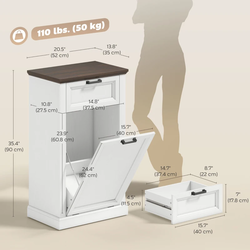 HOMCOM 10 Gallon Trash Can Cabinet with Drawer, Farmhouse Tilt Out Garbage Cabinet Laundry Hamper, White Wood Effect