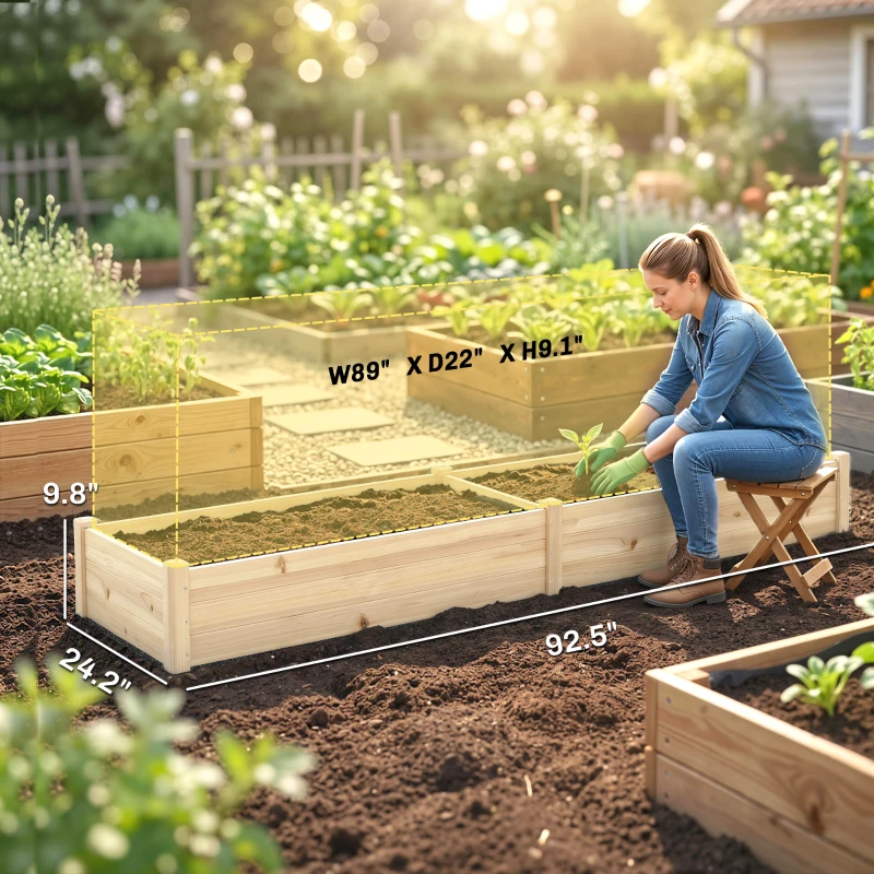 Outsunny 96" x 24" x 10" Wooden Raised Garden Bed with 2 Planter Boxes and Non-woven Fabric Liner for Patio, Natural