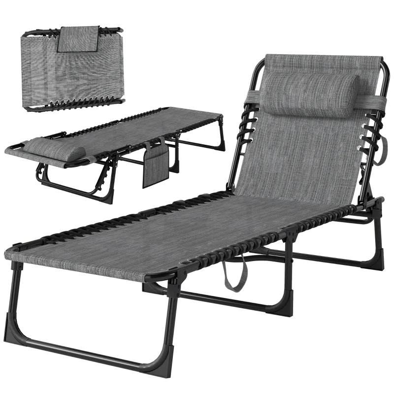 Outsunny Folding Chaise Lounge Chair Outdoor, Sun Tanning Chair with Side Pocket, Carrying Strap, Portable Patio Beach Lounger with 5-Position Reclining Back, Headrest for Pool, Camping, Yard, Gray