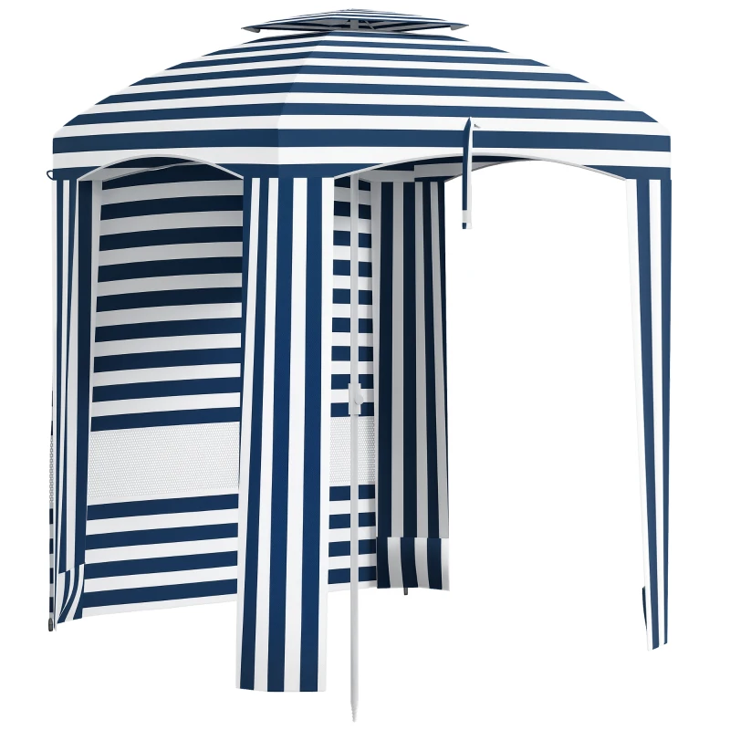 Outsunny 5.8' x 5.8' Cabana Umbrella for Travel, Walls, Vents, Ruffles, Carry Bag, Beach Umbrella, Blue & White Stripe
