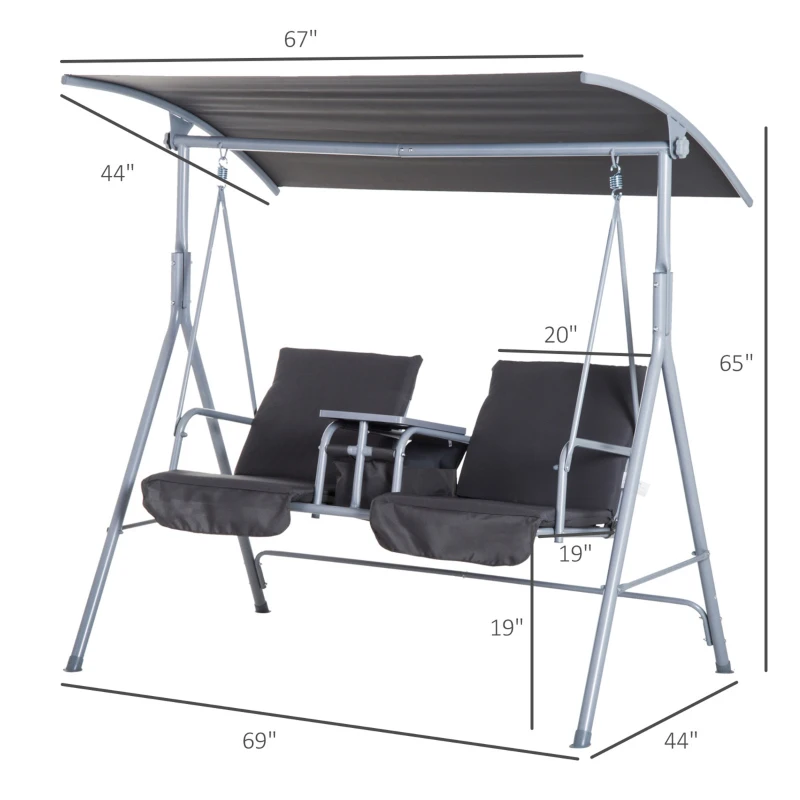 Outsunny 2-Seater Outdoor Porch Swing with Canopy and Table, Patio Swing Chair for Garden, Poolside, Backyard, Gray