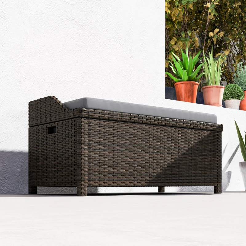 Outsunny Outdoor Wicker Storage Bench with Storage & Cushion, Gray