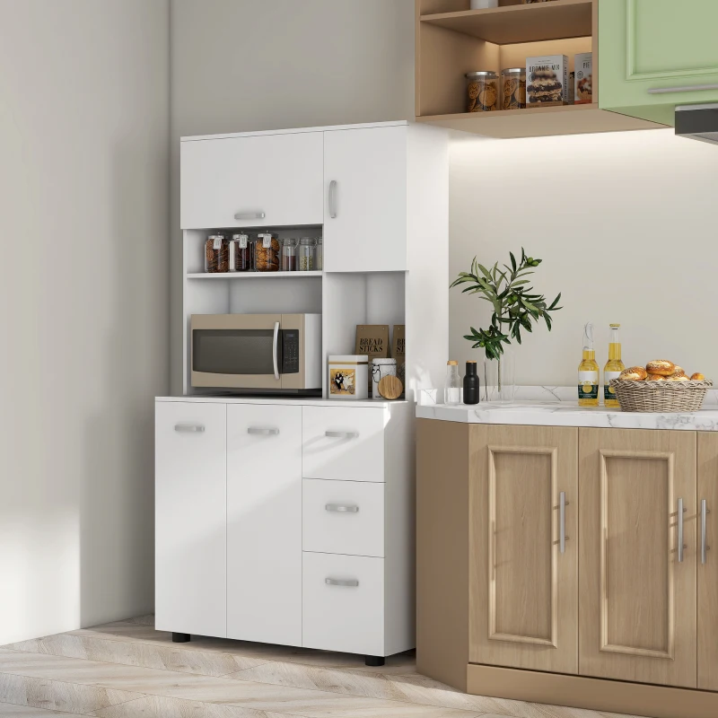 HOMCOM 66" Buffet with Hutch, Kitchen Pantry Cabinet with 2 Large Cabinets, Flip Up Door, 3 Drawers and Countertop, White
