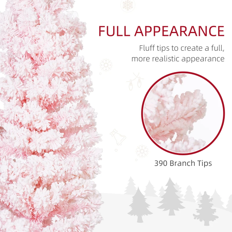 HOMCOM 5ft Flocked Christmas Tree, Pencil Christmas Tree with Realistic Branch Tips, Folding Metal Stand, Pink
