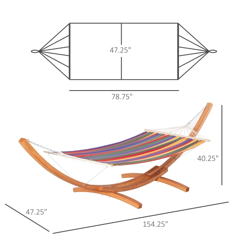 Outsunny Outdoor Hammock with Stand, Extra Large Heavy Duty Wooden Frame, No Tree Needed, 12.8' Indoor Outside Boho Style Nap Bed, Natural Cotton, Rainbow