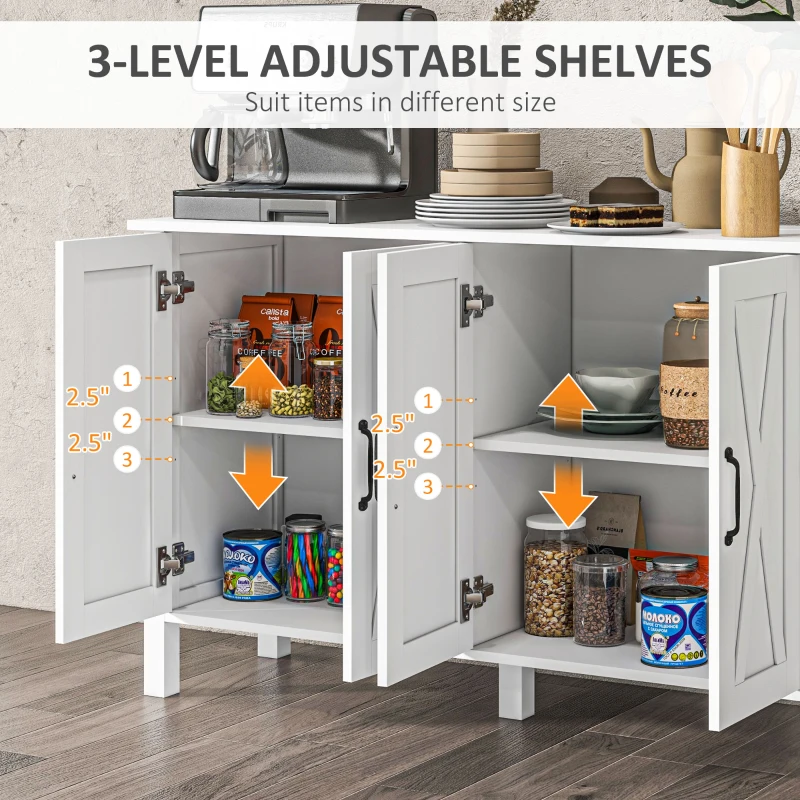 HOMCOM Sideboard Buffet with 4 Barn Doors and 2 Adjustable Shelves, Kitchen Buffet Cabinet for Living Room, Hallway, White