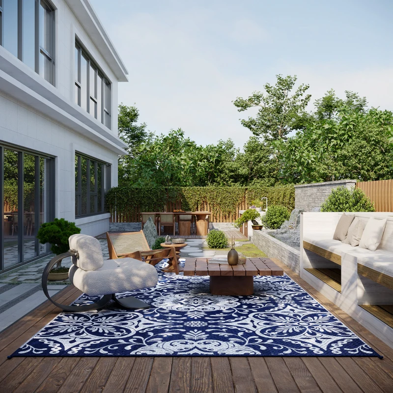 Outsunny Outdoor Rug for Patio, 9' x 18' Waterproof Large Mat, Reversible Plastic Straw Rug for Decor, Portable Outside RV Camping Area Carpet Mat for Backyard Porch Deck Picnic, Blue & White Floral