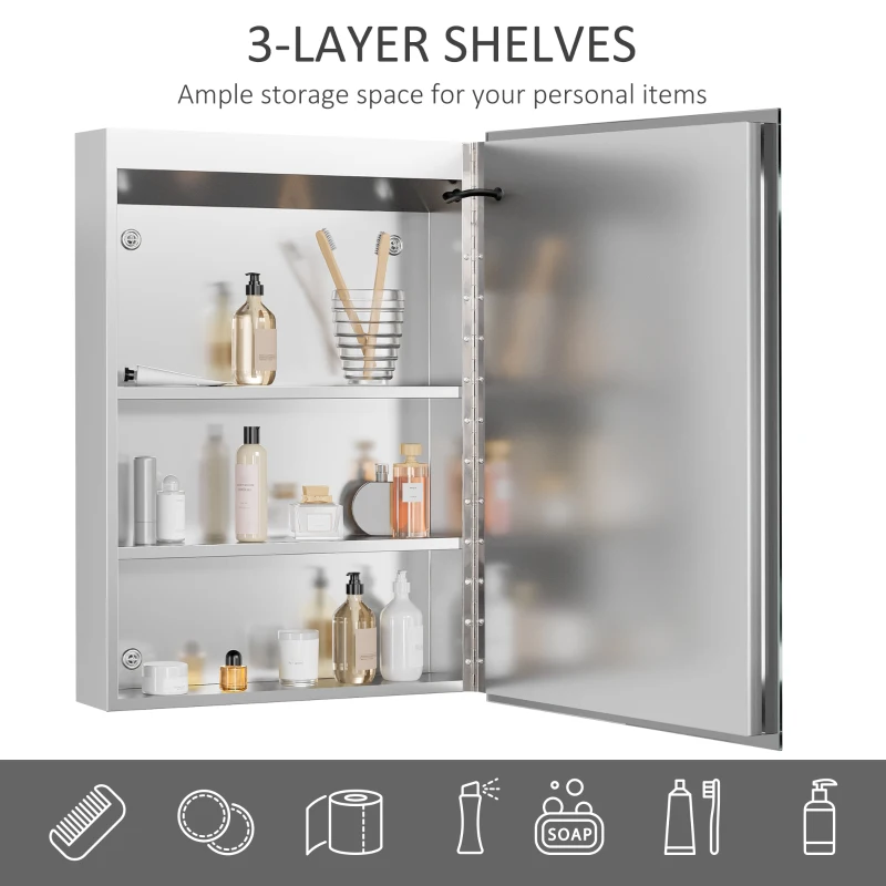 kleankin Wall-Mounted Plug-In Bathroom Organizer with 3 Storage Shelves, LED Lighted Medicine Cabinet with Mirror