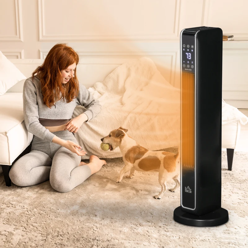 HOMCOM 2-In-1 Portable Electric Tower Heater, Oscillating Space Heater for Indoor Use with Remote Control, 8H Timer, Three Heating Modes(High, Low, Fan), 750W / 1500W, Black