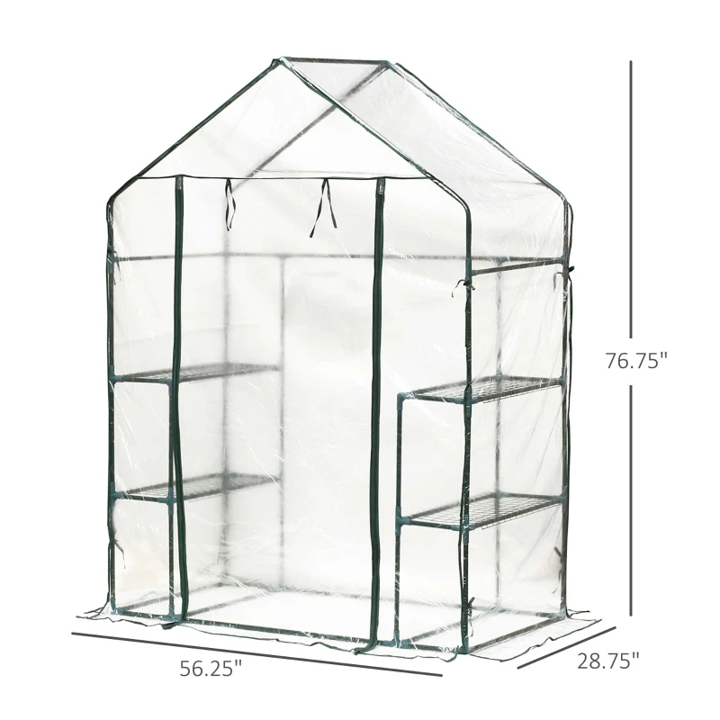 Outsunny 56" x 29" x 77" Mini Greenhouse Walk-in Greenhouse Garden Hot House with 2-Tier Shelving, Roll-Up Door & Weather Cover