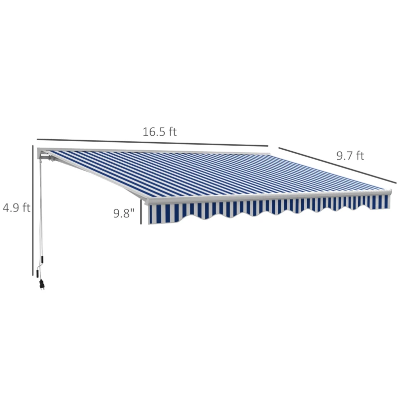 Outsunny 16.5' x 10' Electric Awning, Retractable Awning with LED Lights and Remote Controller for Door and Window, Blue/White