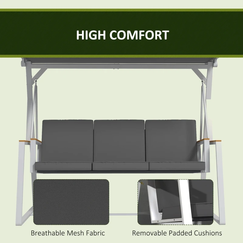 Outsunny 3-Person Patio Swing Chair, Outdoor Porch Swing with Adjustable Canopy & Removable Cushions for Garden, Backyard, Gray