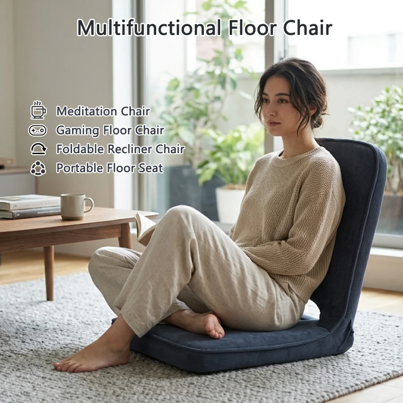 Floor Chair with Adjustable Back Support, Foldable Padded Gaming Floor Seat for Adults & Kids, Multi-Position Meditation Chair with Corduroy Cover for Reading, Gaming & Watching TV (Grey)