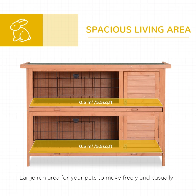 PawHut 54" 2-Story Large Rabbit Hutch Bunny Cage Wooden Pet House Small Animal Habitat Lockable Doors, Tray, Roof, Orange