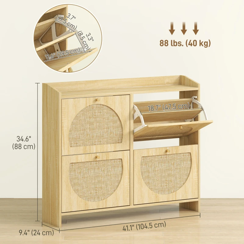 HOMCOM 4 Flip-Drawer Shoe Cabinet, Shoe Storage Cabinet with Rattan Doors and Adjustable Shelves, Holds 16 Pairs, Natural