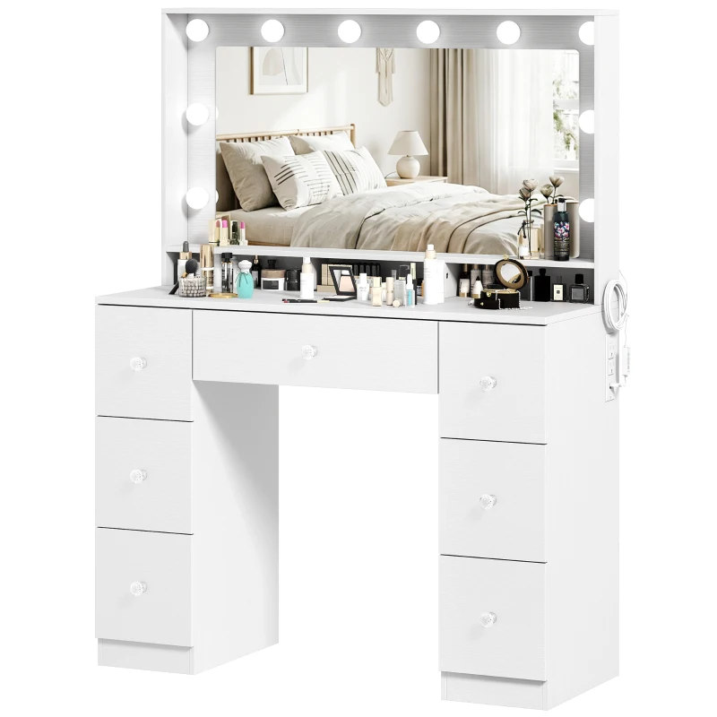 HOMCOM Vanity Desk with 10 Dimmable LED Lights, Mirror Dressing Table with 7 Drawers and Charging Station, White