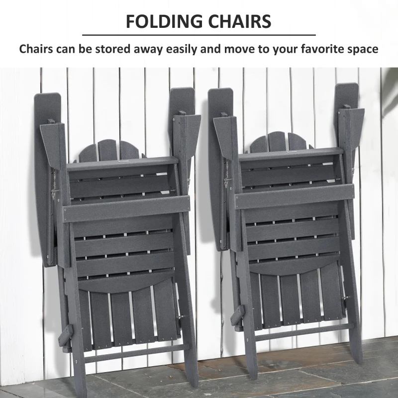 Outsunny 3 Piece Adirondack Chair Set of 2, HDPE Folding Fire Pit Chairs and Patio Side Table, Outdoor Furniture with Slatted Seat, High Backrest, Armrests, Dark Gray