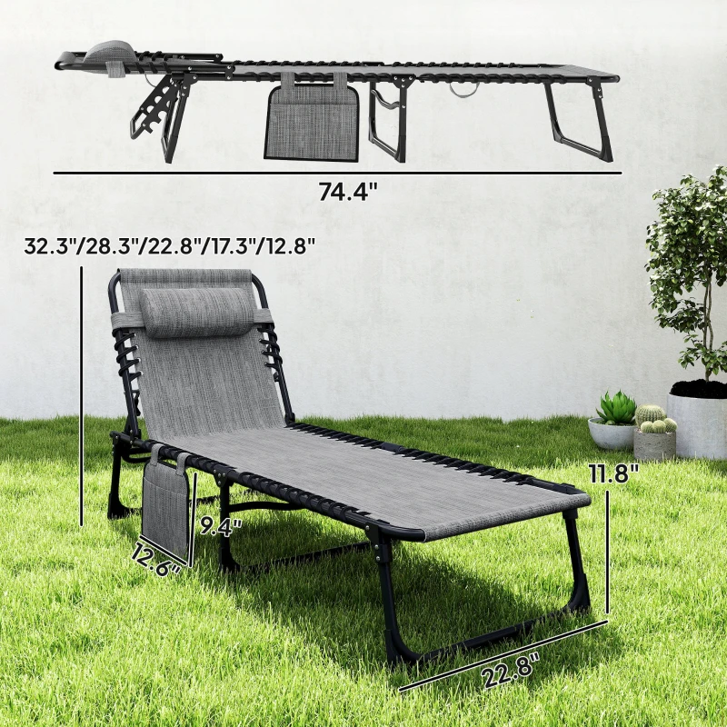 Outsunny Folding Chaise Lounge Chair Outdoor, Sun Tanning Chair with Side Pocket, Carrying Strap, Portable Patio Beach Lounger with 5-Position Reclining Back, Headrest for Pool, Camping, Yard, Gray