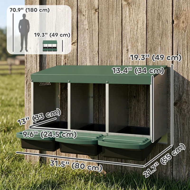 PawHut Chicken Nesting Boxes, 3 Compartment Metal Nesting Boxes for Chicken Coop, Egg Laying Boxes with Lid Cover