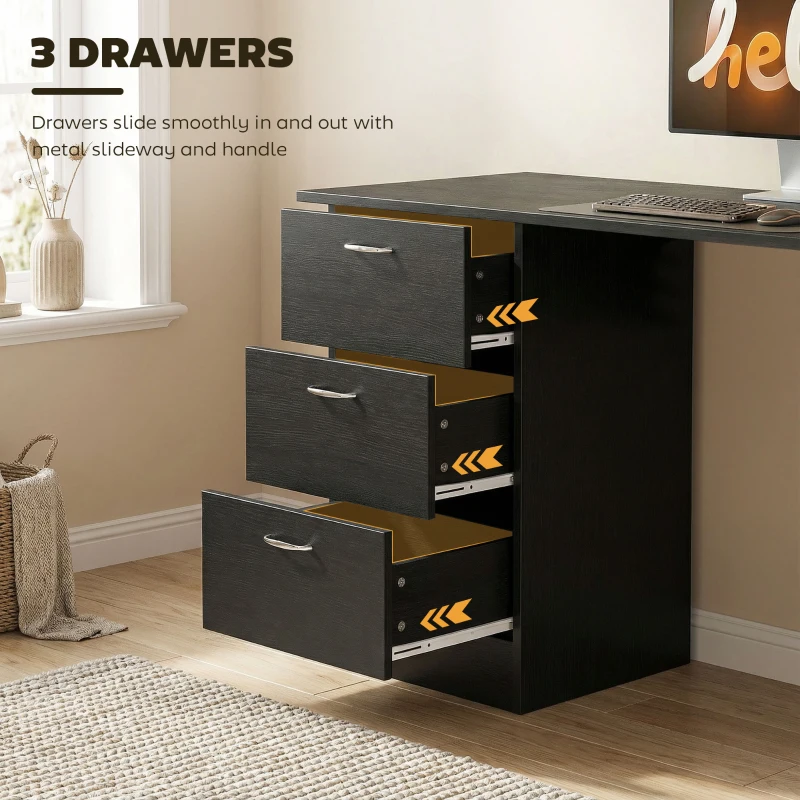HOMCOM Computer Desk, 47" Writing Table with 3-Tier Shelves and 3 Reversible Drawers for Home Office, Bedroom, Black