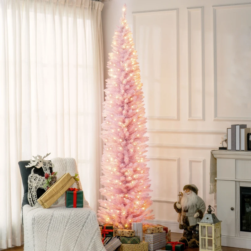 HOMCOM 8ft Pencil Christmas Tree, Slim Artificial Christmas Tree with Realistic Branches and Warm White LED Lights, Pink