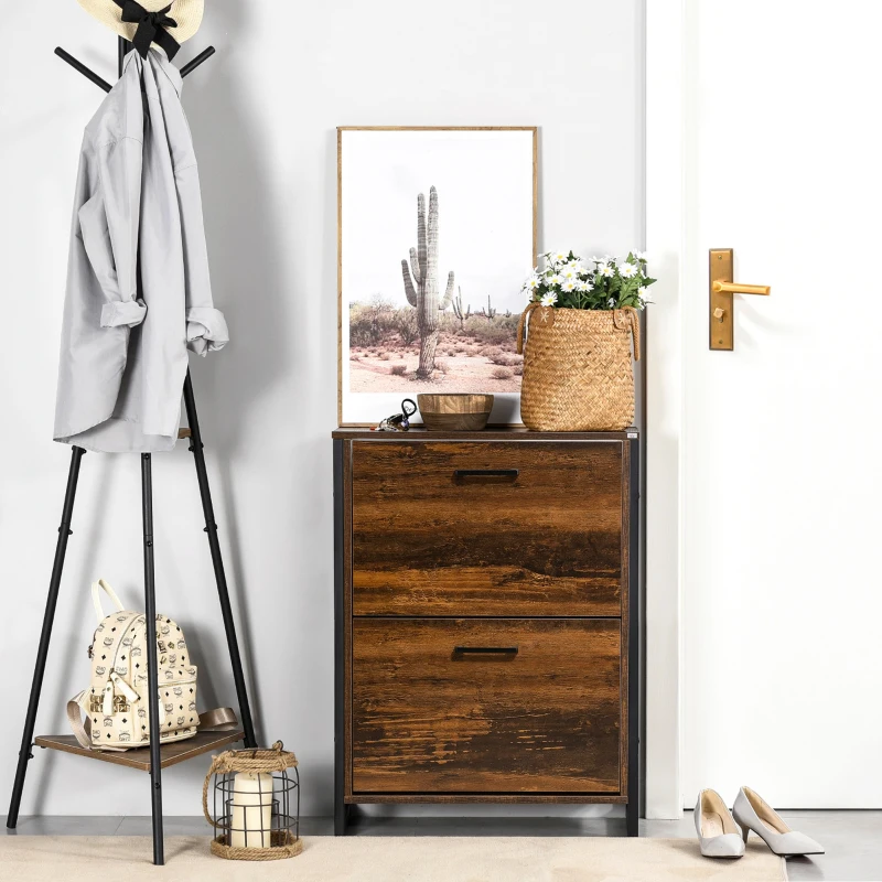HOMCOM Industrial Shoe Cabinet with 2 Flip Drawers, Freestanding Shoe Storage Cabinet for 12 Pairs, Narrow Slim Shoe Rack for Entryway, Hallway, Rustic Brown