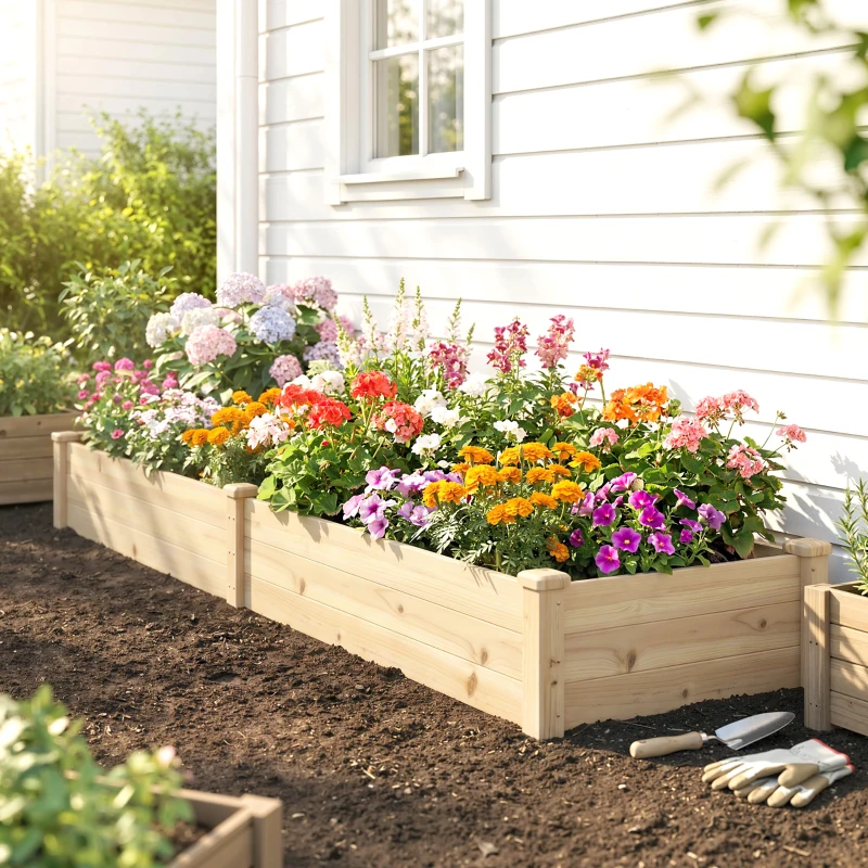 Outsunny 96" x 24" x 10" Wooden Raised Garden Bed with 2 Planter Boxes and Non-woven Fabric Liner for Patio, Natural