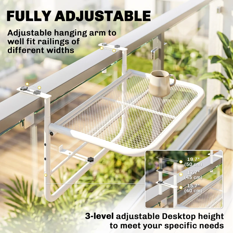 Outsunny Adjustable Balcony Hanging Railing Table, Metal Mounting Mini Wall Desk Storage Rack, Outdoor Flower Stand Serving Table Rectangle, White