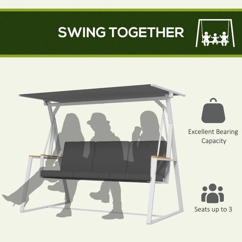 Outsunny 3-Person Patio Swing Chair, Outdoor Porch Swing with Adjustable Canopy & Removable Cushions for Garden, Backyard, Gray