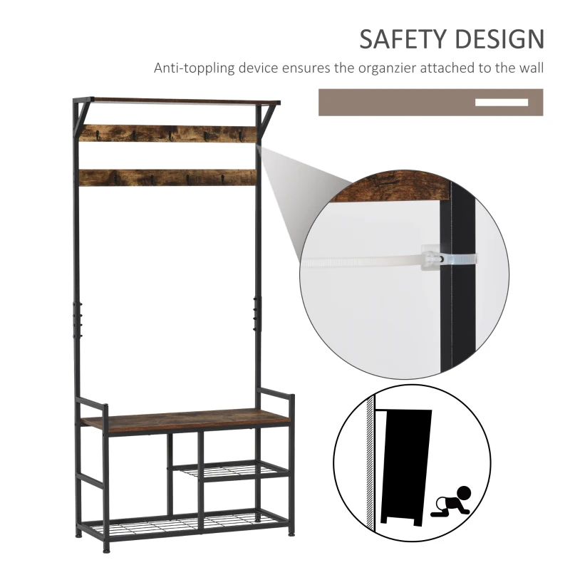HOMCOM 3-in-1Hall Tree Entryway Coat Rack Shoe Bench with 9 Hanging Hooks, 3-Tier Storage Shelves, Multifunctional Hallway Organizer Brown/Black