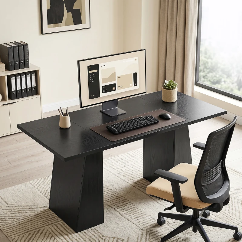 HOMCOM 63 Inch Computer Desk with Trapezoidal Frame Light Black Wood Grain