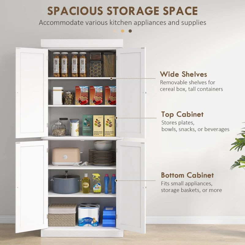 HOMCOM Traditional Farmhouse Kitchen Pantry Cupboard with Two Storage Cabinets, and 4 Adjustable Shelves, White