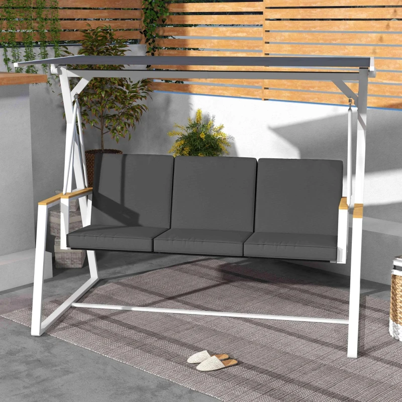 Outsunny 3-Person Patio Swing Chair, Outdoor Porch Swing with Adjustable Canopy & Removable Cushions for Garden, Backyard, Gray
