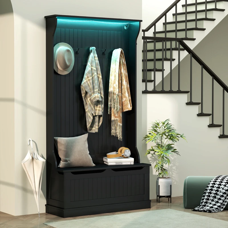 HOMCOM 3-In-1 Entryway Bench with LED Lights and Coat Rack, Hall Tree with Bench and Shoe Storage, 5 Hooks for Hallway Black