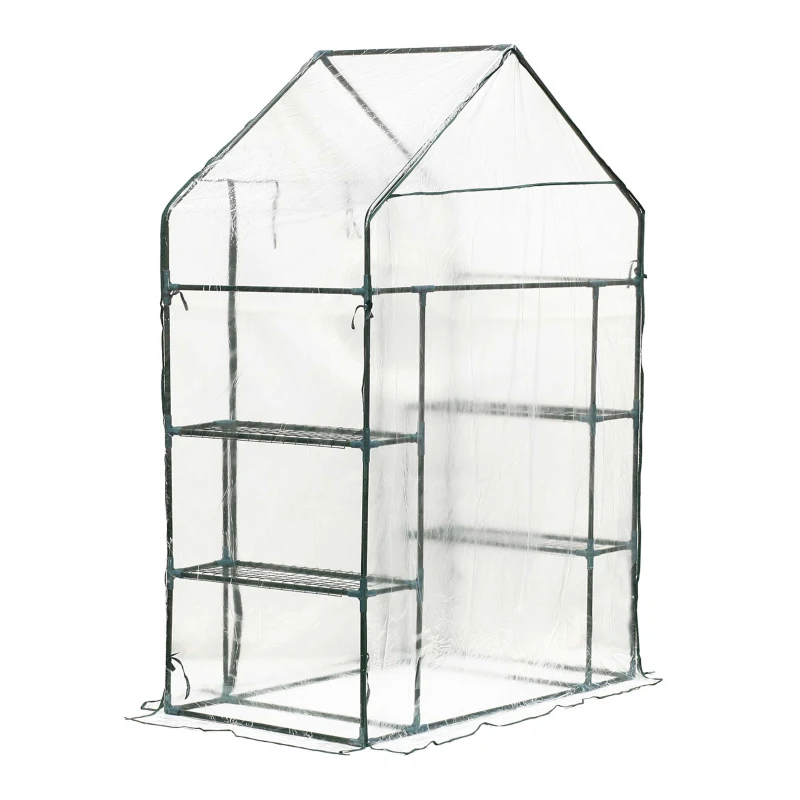 Outsunny 56" x 29" x 77" Mini Greenhouse Walk-in Greenhouse Garden Hot House with 2-Tier Shelving, Roll-Up Door & Weather Cover