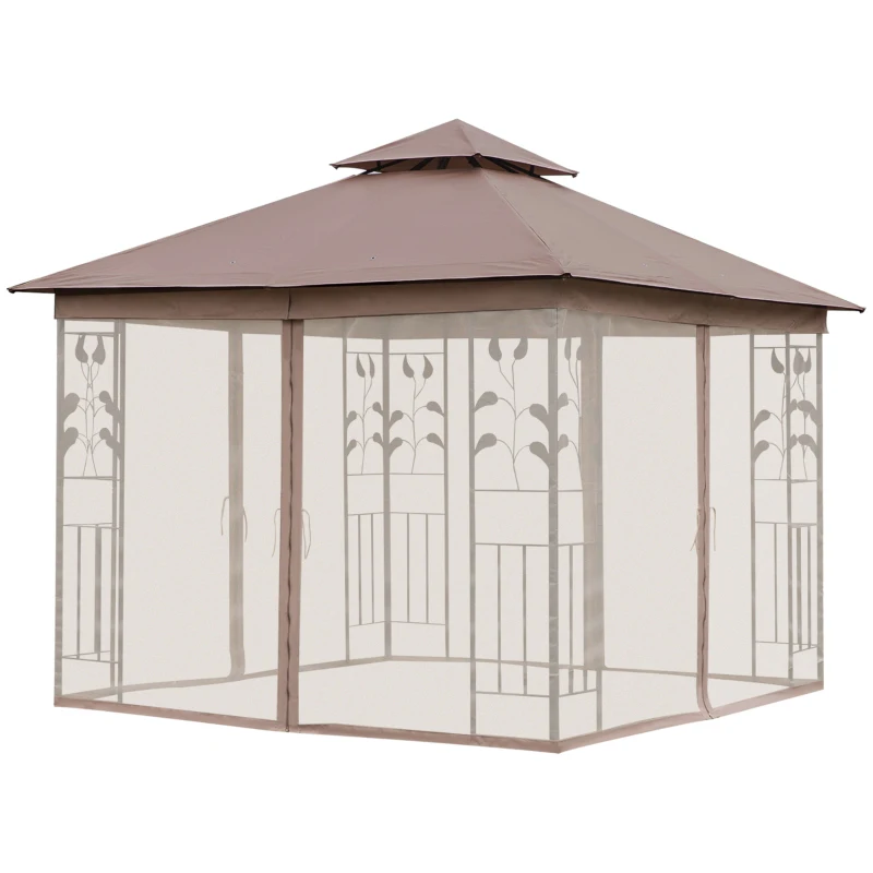 Outsunny 10' x 10' Metal Patio Gazebo, Double Roof Outdoor Gazebo Canopy Shelter with Tree Motifs Corner Frame and Netting, Brown