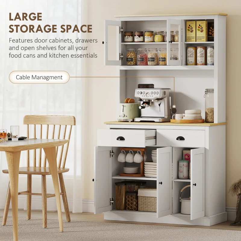 HOMCOM Freestanding Kitchen Cabinet, 71" Tall Pantry Cabinet, Modern Hutch with Wide Countertop, Adjustable Shelves, White