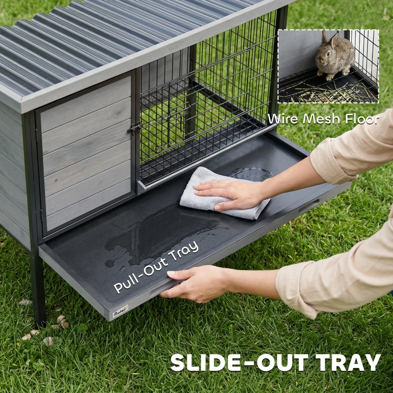 PawHut Elevated Rabbit Hutch Outdoor, Wooden Rabbit Cage Bunny House with Pull-out Tray and Openable Plastic Roof