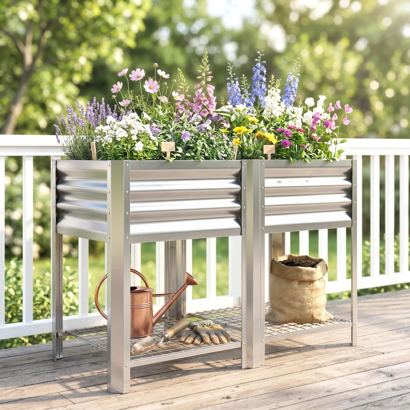 Outsunny Raised Garden Bed Galvanized Steel, Elevated Planter Box with Storage Shelf, Bed Liner, 31.5" High, Silver